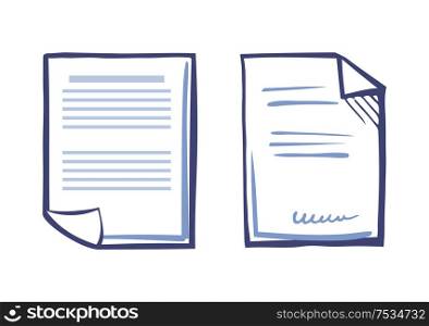 Commercial documentation template, web appliance letter sample, line art style blanks. Signed contract with text and signature vector icon isolated. Commercial Documentation Template, Web Appliance