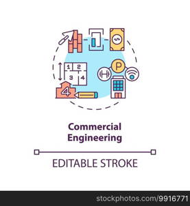 Commercial engineering concept icon. Residential building. Project management and development. Civil engineering idea thin line illustration. Vector isolated outline RGB color drawing. Editable stroke. Commercial engineering concept icon