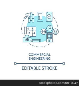 Commercial engineering turquoise concept icon. Residential building. Project management. Civil engineering idea thin line illustration. Vector isolated outline RGB color drawing. Editable stroke. Commercial engineering turquoise concept icon