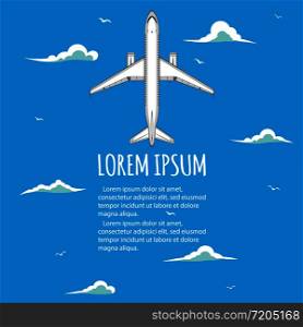 Commercial flights in airplanes. Tourist and business flights. Passenger plane. Empty space for text. Flyer design. Vector illustration. Blue background. Commercial flights in airplanes.