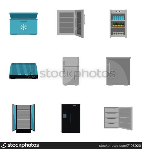 Commercial fridge icon set. Flat set of 9 commercial fridge vector icons for web design. Commercial fridge icon set, flat style