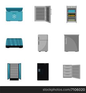Commercial fridge icon set. Flat set of 9 commercial fridge vector icons for web design. Commercial fridge icon set, flat style