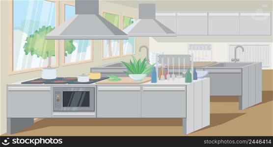 Commercial kitchen with counters equipped powerful appliances. Exhaust hood above counter. Restaurant concept. Vector illustration can be used for topics like establishment, kitchen equipment, workspace. Commercial kitchen with counters equipped powerful appliances