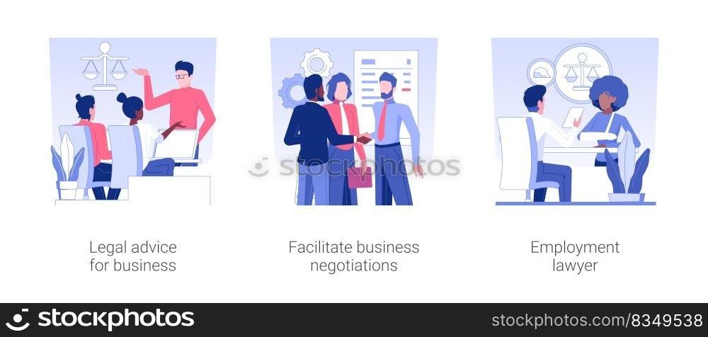 Commercial law isolated concept vector illustration set. Legal advice for business, facilitate business negotiations, employment lawyer service, banking and finance company vector cartoon.. Commercial law isolated concept vector illustrations.