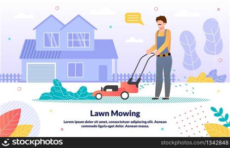 Commercial Lawn Moving Service, Customer Loan for Gardening Machines Trendy Vector Advertising Banner, Promo Poster Template. Worker, Gardener in Overall, Man Moving Lawn Grass with Mover Illustration