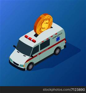 Commercial medicine vector concept with isometric ambulance and dollar coin illustreation. Commercial medicine vector isometric ambulance and coin