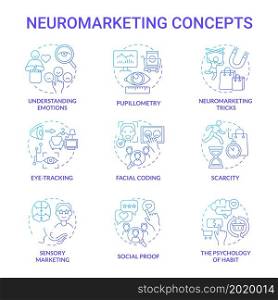 Commercial neuroscience concept icons set. Marketing psychological tools. Consumer emotions research. Customer behavior tracking idea thin line color illustrations. Vector isolated outline drawings. Commercial neuroscience concept icons set