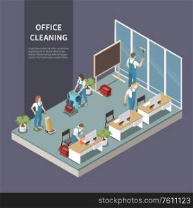 Commercial office cleaning service team at work vacuuming carpet washing windows dusting desks isometric composition vector illustration