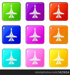 Commercial plane icons set 9 color collection isolated on white for any design. Commercial plane icons set 9 color collection