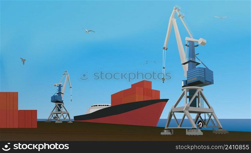 Commercial port with container ship at the pier and cargo cranes. Vector illustration.. Commercial port with container ship at the pier and cargo cranes.