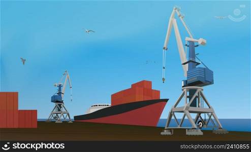Commercial port with container ship at the pier and cargo cranes. Vector illustration.. Commercial port with container ship at the pier and cargo cranes.