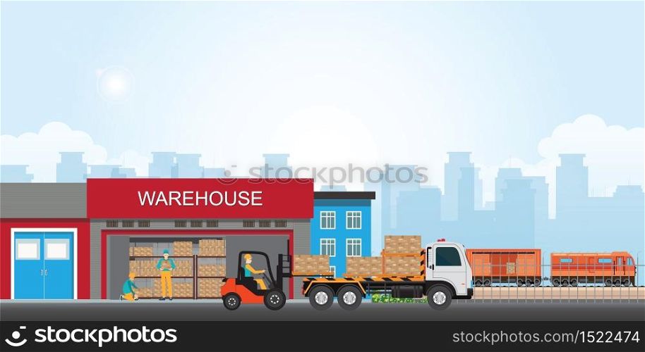 Commercial port with freight train. Workers loading the truck with packaged goods at the industrial warehouse with a forklift truck, vector illustration.
