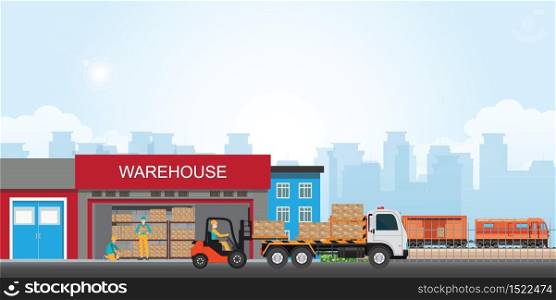 Commercial port with freight train. Workers loading the truck with packaged goods at the industrial warehouse with a forklift truck, vector illustration.