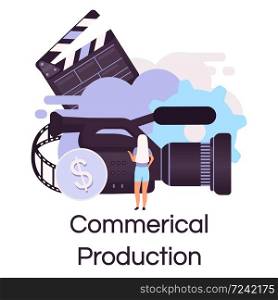 Commercial production flat concept icon. Videography, photography and filmmaking sticker, clipart. TV advertisement and promotion shooting. Isolated cartoon illustration on white background