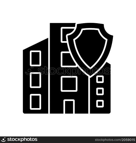 Commercial property insurance black glyph icon. Real estate protection from accidents. Insurance policy for customer safety. Silhouette symbol on white space. Vector isolated illustration. Commercial property insurance black glyph icon