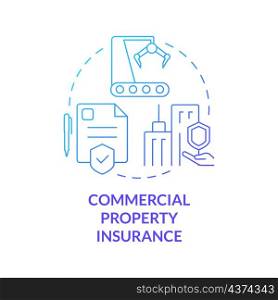 Commercial property insurance blue gradient concept icon. Corporate coverage abstract idea thin line illustration. Isolated outline drawing. Roboto-Medium, Myriad Pro-Bold fonts used. Commercial property insurance blue gradient concept icon