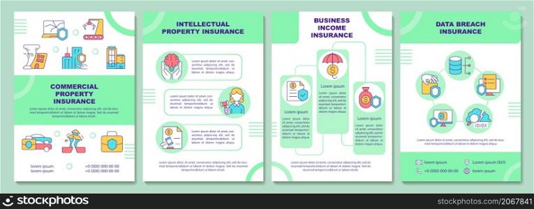 Commercial property insurance brochure template. Business income. Booklet print design with linear icon. Vector layouts for presentation, annual report, ads. Arial-Black, Myriad Pro-Regular fonts used. Commercial property insurance brochure template