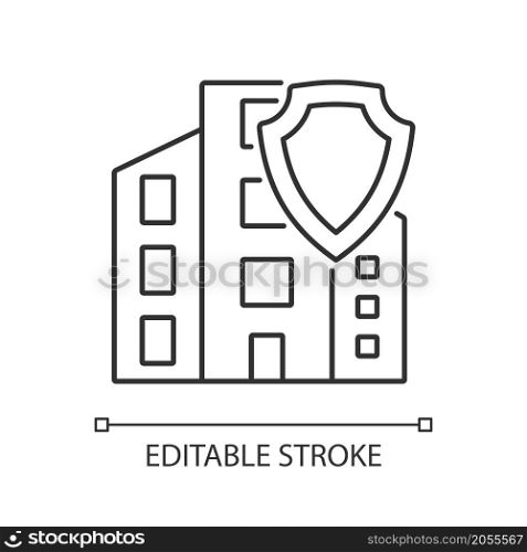 Commercial property insurance linear icon. Real estate insurance policy. Thin line customizable illustration. Contour symbol. Vector isolated outline drawing. Editable stroke. Arial font used. Commercial property insurance linear icon