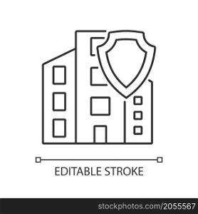 Commercial property insurance linear icon. Real estate insurance policy. Thin line customizable illustration. Contour symbol. Vector isolated outline drawing. Editable stroke. Arial font used. Commercial property insurance linear icon