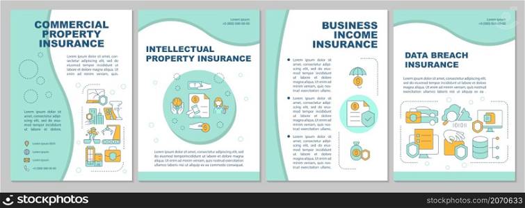 Commercial property insurance mint brochure template. Corporate finance. Booklet print design with linear icon. Vector layout for presentation, annual report, ads. Arial, Myriad Pro-Regular fonts used. Commercial property insurance mint brochure template