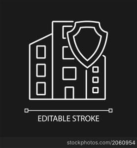 Commercial property insurance white linear icon for dark theme. Real estate. Thin line customizable illustration. Isolated vector contour symbol for night mode. Editable stroke. Arial font used. Commercial property insurance white linear icon for dark theme