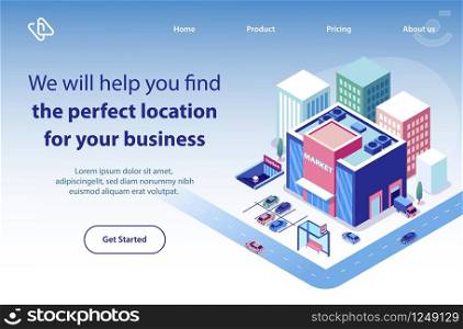 Commercial Real Estate Company Isometric Vector Web Banner, Landing Page Template. Shopping Center Building in Perfect Location of City District Illustration. Searching Property for Business Purposes