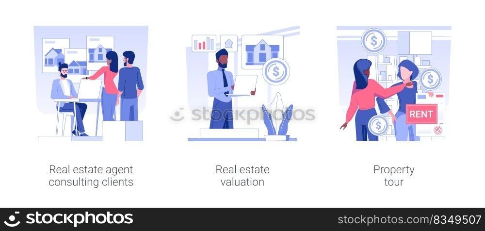 Commercial real estate firm isolated concept vector illustration set. Real estate agent consulting clients, property valuation, rental office tour, contracting broker, b2b sales vector cartoon.. Commercial real estate firm isolated concept vector illustrations.