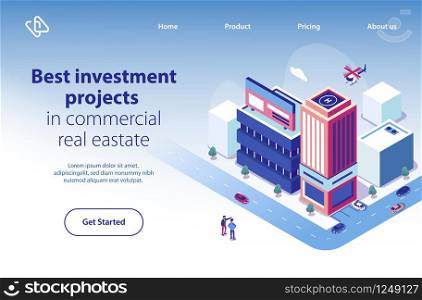 Commercial Real Estate Investment Project Isometric Vector Web Banner. Partners Discussing Business Perspectives of New Skyscraper Building in Downtown Illustration. Construction Company Landing Page