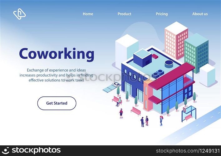 Commercial Real Estate Object Isometric Vector Web Banner or Landing Page Template with Business People Walking near Modern Coworking Center, Company Office Building in City Downtown Illustration