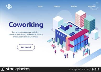 Commercial Real Estate Object Isometric Vector Web Banner or Landing Page Template with Business People Walking near Modern Coworking Center, Company Office Building in City Downtown Illustration