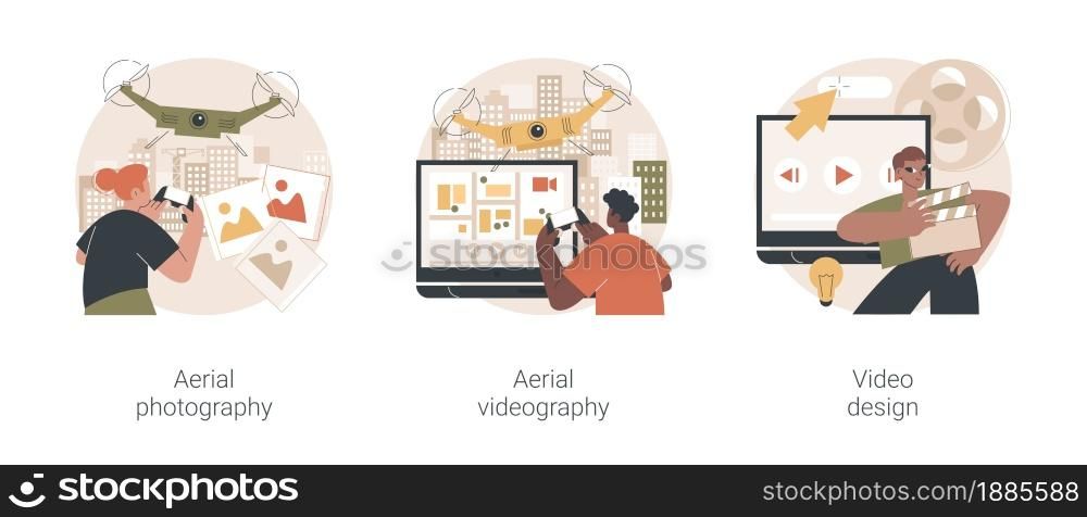 Commercial shooting abstract concept vector illustration set. Aerial photography and videography, video design, drone photo, video editing software, real estate, post production abstract metaphor.. Commercial shooting abstract concept vector illustrations.