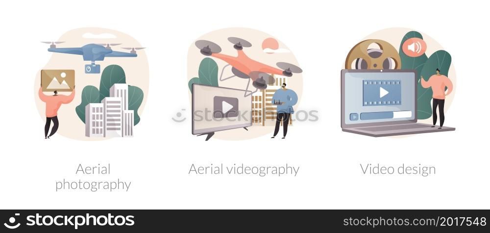 Commercial shooting abstract concept vector illustration set. Aerial photography and videography, video design, drone photo, video editing software, real estate, post production abstract metaphor.. Commercial shooting abstract concept vector illustrations.