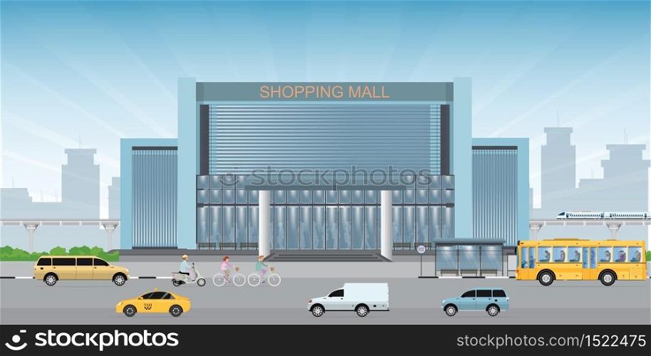 Commercial shopping mall building center, front view of modern shopping mall building exterior vector illustration.