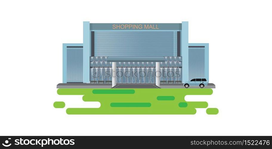 Commercial shopping mall building center isolated on white background. Front view of modern shopping mall building exterior vector illustration.