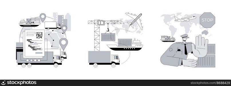 Commercial transportation industry abstract concept vector illustration set. Blockchain in transport technology, combined transport, embargo regulation, goods movement, trading ban abstract metaphor.. Commercial transportation industry abstract concept vector illustrations.