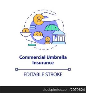 Commercial umbrella insurance concept icon. Corporate insurance abstract idea thin line illustration. Isolated outline drawing. Editable stroke. Roboto-Medium, Myriad Pro-Bold fonts used. Commercial umbrella insurance concept icon