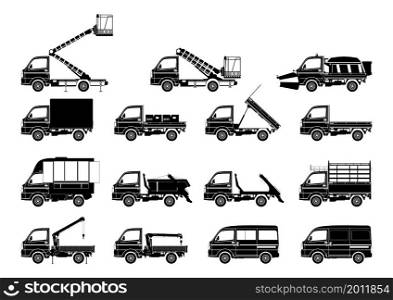 Commercial vehicle silhouettes. Set of small trucks. Side view. Flat vector.
