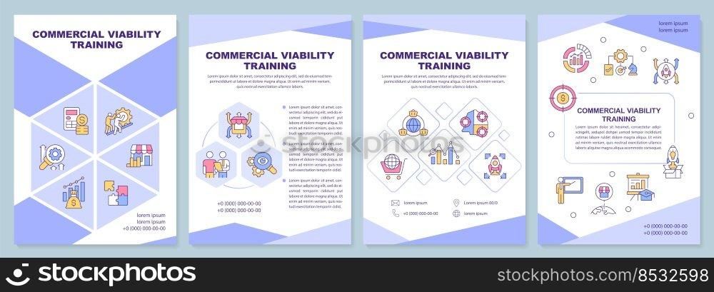Commercial viability training purple brochure template. Leaflet design with linear icons. Editable 4 vector layouts for presentation, annual reports. Arial-Black, Myriad Pro-Regular fonts used. Commercial viability training purple brochure template