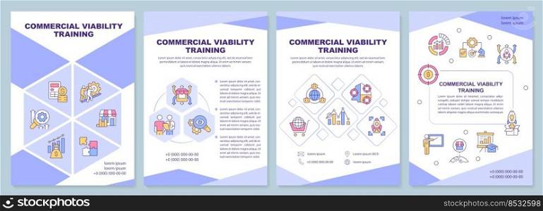 Commercial viability training purple brochure template. Leaflet design with linear icons. Editable 4 vector layouts for presentation, annual reports. Arial-Black, Myriad Pro-Regular fonts used. Commercial viability training purple brochure template