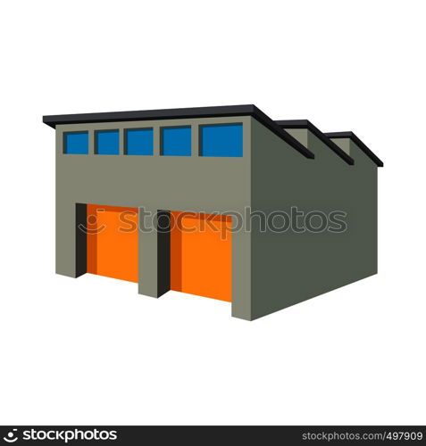 Commercial warehouse with yellow roller doors cartoon icon on a white background. Commercial warehouse with yellow roller doors