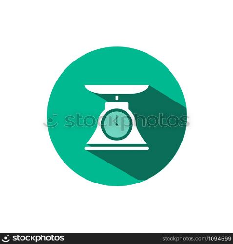 Commercial weight scale icon with shadow on a green circle. Flat color vector pharmacy illustration