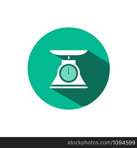 Commercial weight scale icon with shadow on a green circle. Flat color vector pharmacy illustration