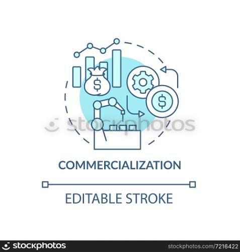 Commercialization concept icon. Make money on invention. Increase value. Bring innovative product to market abstract idea thin line illustration. Vector isolated outline color drawing. Editable stroke. Commercialization concept icon