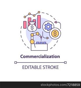 Commercialization concept icon. Technology monetization. Money making. Introduce new product to market abstract idea thin line illustration. Vector isolated outline color drawing. Editable stroke. Commercialization concept icon