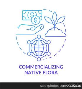 Commercializing native flora blue gradient concept icon. Plants cultivating. Agricultural trends abstract idea thin line illustration. Isolated outline drawing. Myriad Pro-Bold font used. Commercializing native flora blue gradient concept icon