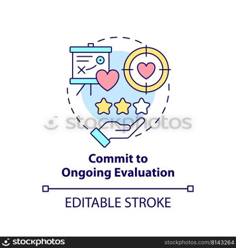 Commit to ongoing evaluation concept icon. Strengthening health care system abstract idea thin line illustration. Isolated outline drawing. Editable stroke. Arial, Myriad Pro-Bold fonts used. Commit to ongoing evaluation concept icon