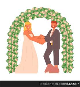 Commitment ceremony flat concept vector spot illustration. Newlyweds under flowers arch 2D cartoon characters on white for web UI design. American wedding isolated editable creative hero image. Commitment ceremony flat concept vector spot illustration