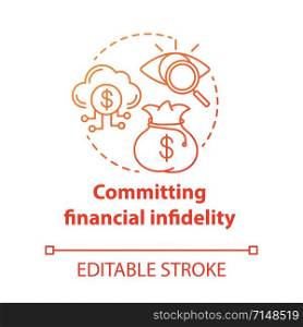 Committing financial infidelity concept icon. Dishonesty about money with partner. Financial decision secretly from family idea thin line illustration. Vector isolated outline drawing. Editable stroke