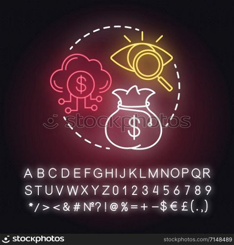 Committing financial infidelity neon light concept icon. Trouble relationship. Dishonesty about money with partner idea. Glowing sign with alphabet, numbers and symbols. Vector isolated illustration