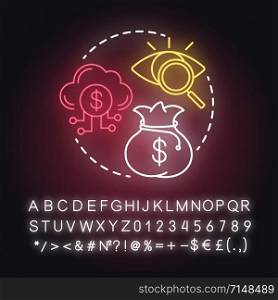 Committing financial infidelity neon light concept icon. Trouble relationship. Dishonesty about money with partner idea. Glowing sign with alphabet, numbers and symbols. Vector isolated illustration